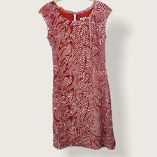 J. Peterman Appliqué Red and White Fringe Swirl Midi Dress Women's Size 6