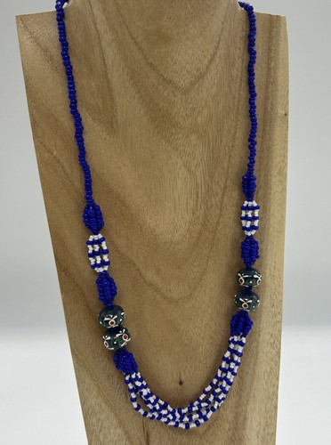 Vintage Glass Bead Necklace Cobalt Blue White Multistrand Boho Style Folk - Picture 3 of 21