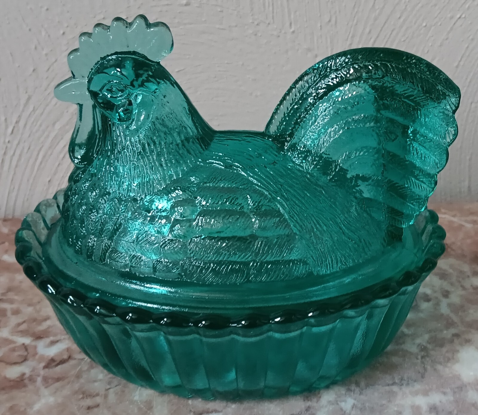 Teal Westmoreland Glass Split Tail Rooster Covered Dish Vintage USA-image