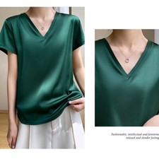 Women's Loose Short Sleeve Silk Tops Pullover Blouse V Neck Casual T-shirt Tee S