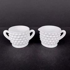 Vintage Fenton Milk Glass Hobnail Open Creamer and Sugar Small White