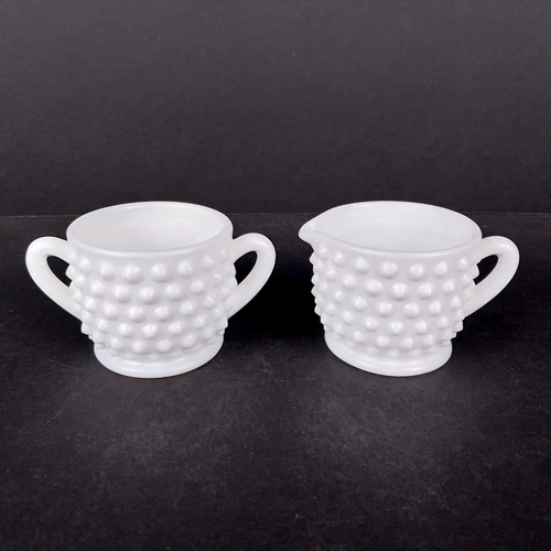 Vintage Fenton Milk Glass Hobnail Open Creamer and Sugar Small White