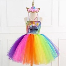 Childrens Kids Girls Rainbow Sequin Rose Unicorn Tulle Knee-Length Dress 2-12T