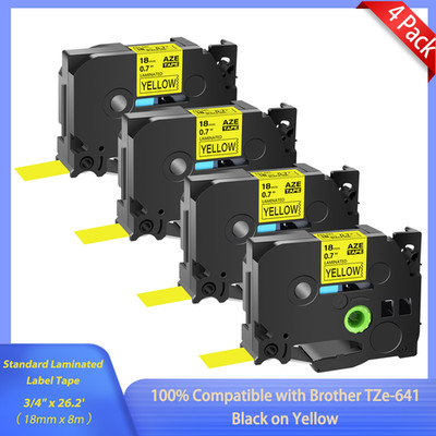 4 PK TZe-641 TZ-641 Black on Yellow 3/4'' TZe Tapes Fit For Brother PT-2200