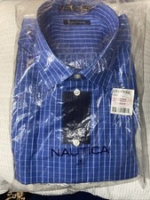 New W/ Tags NAUTICA men s Dress Shirt 18 36/37 Dk Blue White Lined 100 Cotton