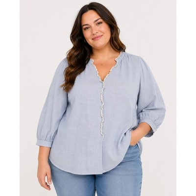 LC Lauren Conrad Blue White Pinstripe Peasant Blouse 3X Ruffle Trim Cottagecore