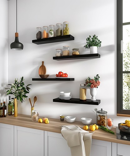 Wood Floating Shelves for Wall Wooden for Bedroom Set of 6 Black 17 Inch - Picture 7 of 7