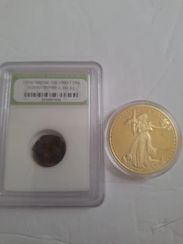 Constantine 350AD Bronze Coin And Gold Liberty $50 Commemorative Coin