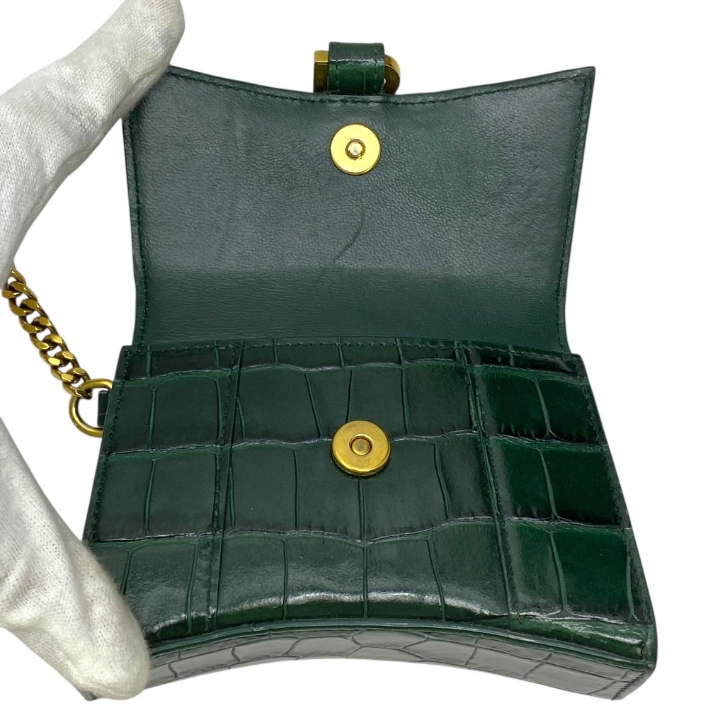BALENCIAGA Hourglass Crocodile Leather Coin Pouch Green Gold Keyring thumbnail 6