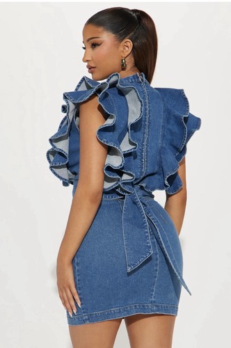 NWT FASHION NOVA Womens Sz XL Denim Ruffle Mini Dress Stretch With Belt - 第 3/17 張圖片