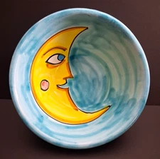 VTG Starbucks Pottery Bowl Hand Painted Cresent Moon Face Italy 6.5" Diameter