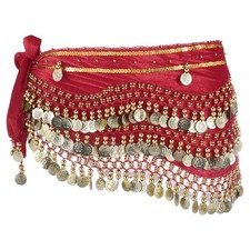 Belly Dance Hip Scarf 59x11" with 248 Gold Coin, Red