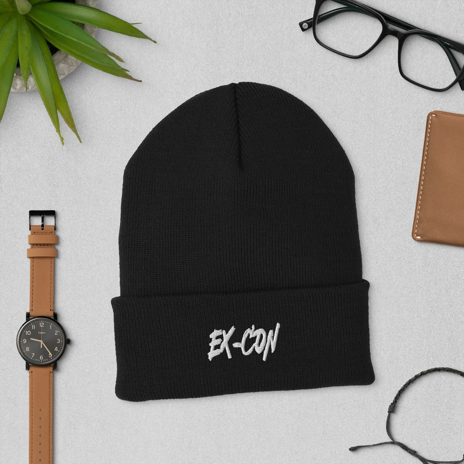 EX-CON Black Cuffed Beanie | Unisex Knit Beanie | Classic Streetwear Winter Hat