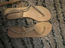 Women's Beige/Silver Thong Sandals Rhinestone Straps Slip-On Flat Size 7