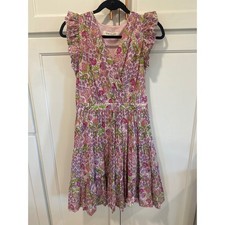 Taylor Pink Green Floral Paisley Ruffle Sleeve Cotton Dress cottagecoreMedium