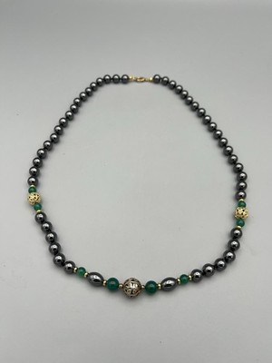 Vintage Black Hematite & Faux Jade & Gold Round & Oval Bead Necklace  22 