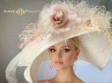 Kentucky Derby Hat White Cream Pink Big Rose Hat Tan Fringe Del Mar Royal Ascot