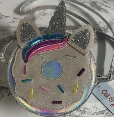 Cat & Jack Girls Unicorn Donut Mini Crossbody Bag Silver Glitter Zip Strap