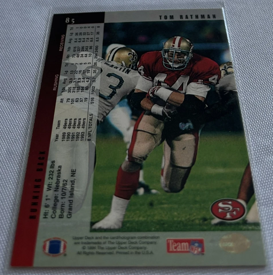 1994 Upper Deck Football Tom Rathman San Francisco 49ers Electric Silver #85 - Image 3 of 3