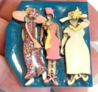 Vintage 3 Woman Pins by Lucinda Plastic Pin Costume Jewelry