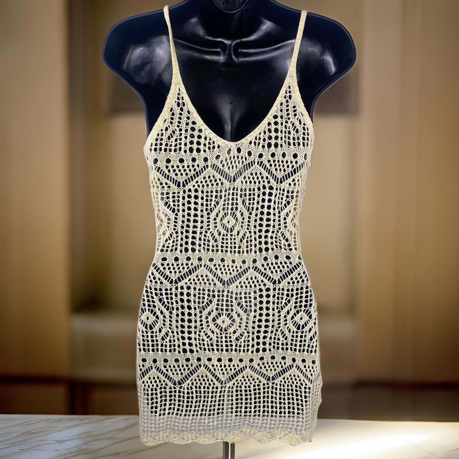 New Small Beige Knit Crochet Swimsuit Cover Up Mini Dress Slit Beach White Ivory