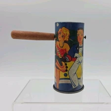 Tin Metal Noisemaker Toy Made Japan Jazz Sax Lady Dancing People Wood Handle Vtg