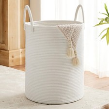 White Woven Rope Laundry Basket by , 58L Baby Nursery Hamper for Clothes Blan...