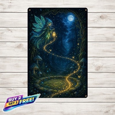 Glowing Fireflies Enchanted Forest Fairy Night Scene Metal Sign