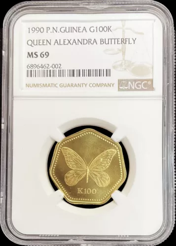 1990 GOLD PAPUA NEW GUINEA 500 MINTED 100 KINA BUTTERFLY COIN NGC MINT STATE 69