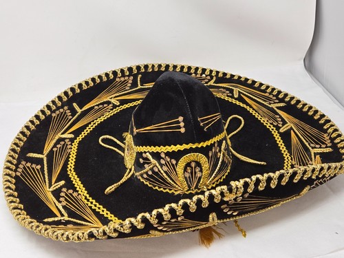 VINTAGE SAN FRANCISCO SUPER EXTRA MEXICAN BLACK VELVET SOMBRERO MARIACHI HAT 23" - Picture 8 of 12