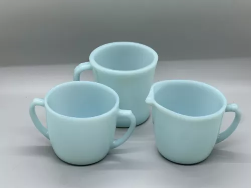 FIRE KING TURQUOISE BLUE DELPHITE SUGAR & CREAMER AND CUP.