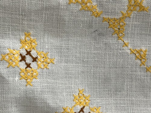 Vintage Fall Cross Stitch Tablecloth 34" Linen Yellow Brown Crochet Edge - Picture 7 of 8
