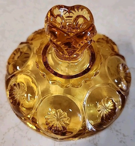 Vintage LE Smith Amber Moon and Stars Glass Pedestal Compote/Candy Dish 8 1/4" - Picture 3 of 5