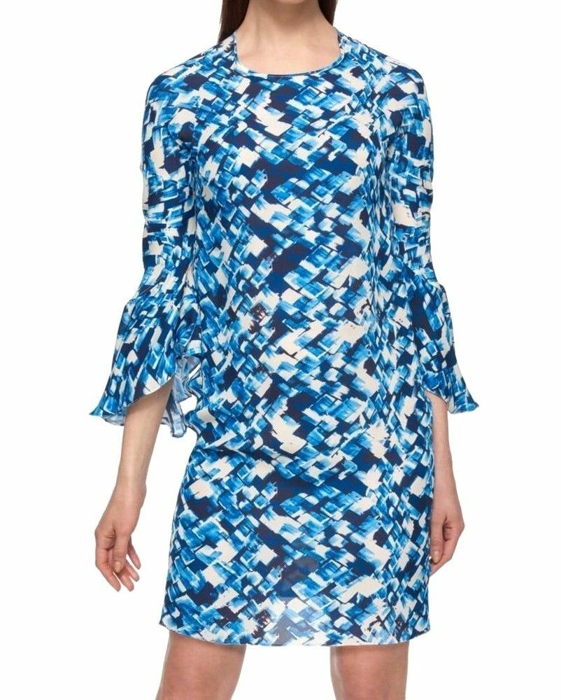 DKNY Bell-Sleeve Printed Chiffon Shift Dress - Blue 10