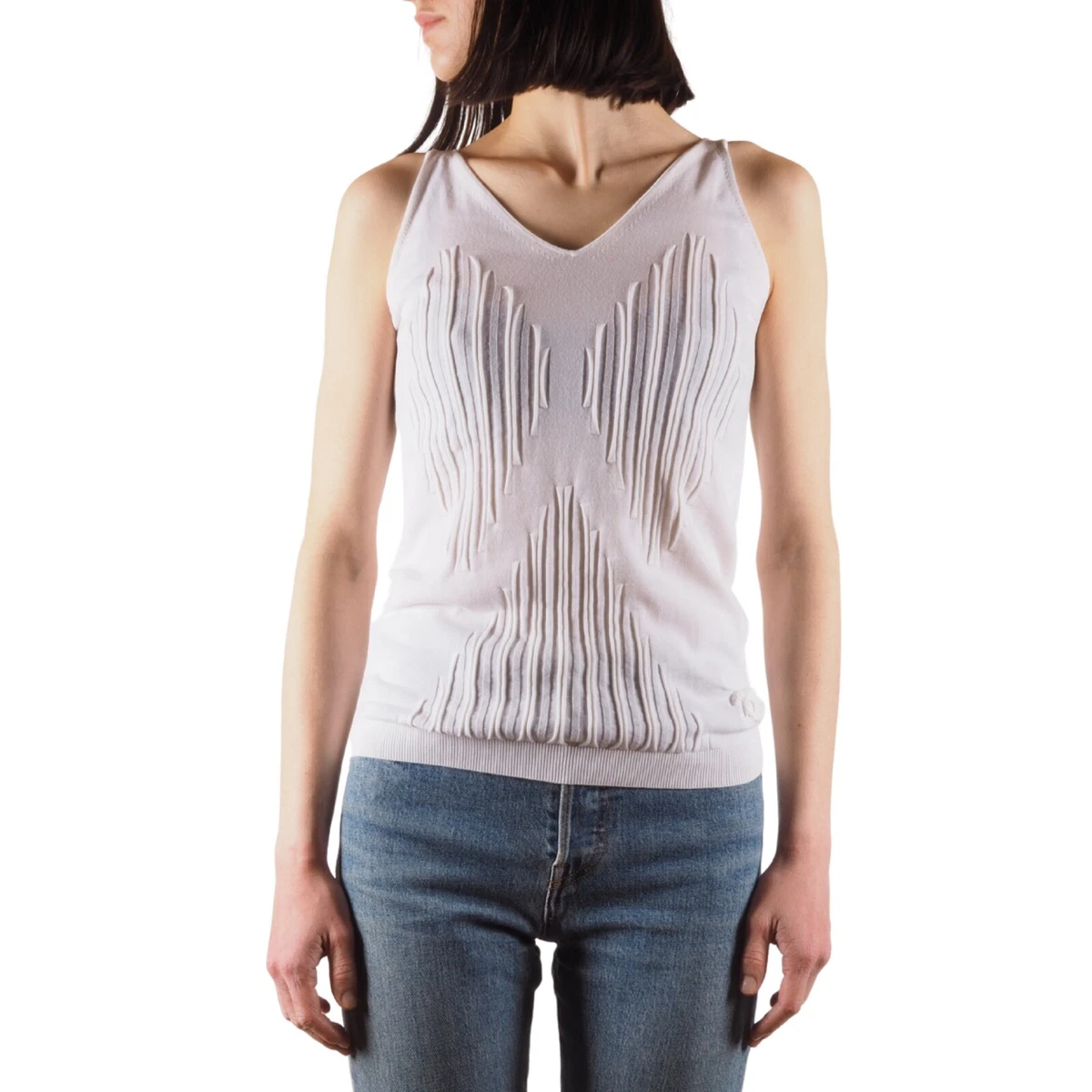 Chanel Vintage Women's White Textured Knit Sleeveless Tank Top
