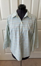 L.L. BEAN Blue Green Yellow Plaid Button-Up 3/4 Sleeve Blouse Top L