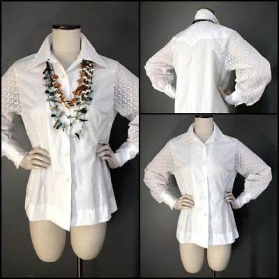 Vintage 70s Blouse White Lace Billow Sleeve TEM TEX Western