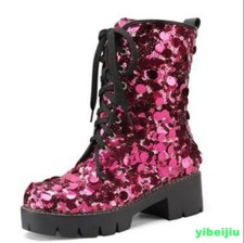 Women's Sequins Glitter Ankle Boots Platform Chunky Heel Shoes Performance Ladys