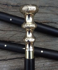 Vintage Cane Walking Stick Brass Designer Engraved Handle Victorian Wooden Cane