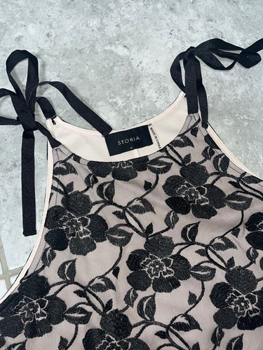 Storia Black Floral Lace Sleeveless A Line Ruffle Shift Dress Bow Romantic New M - Picture 8 of 11