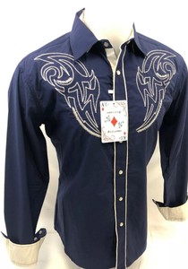 Mens-RODEO-WESTERN-COUNTRY-BLUE-Long-Sleeve-Woven-SNAP-UP-Shirt-Cowboy-06660-NEW