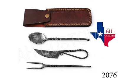 HANED FORGED MEDIEVAL EATING UTENSIL FEASTING SET SPOON, KNIFE & FORK .DAMASCUS