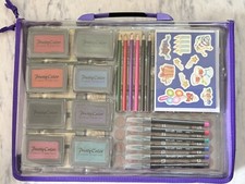 87 Piece Wooden Rubber Stamp Ink Set Lot Michael's Storage Carry Case READ