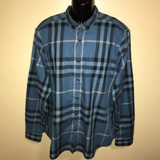 Men's Burberry Brit Nova Check Long Sleeve Button Up Shirt-Blue- Size: 2XL