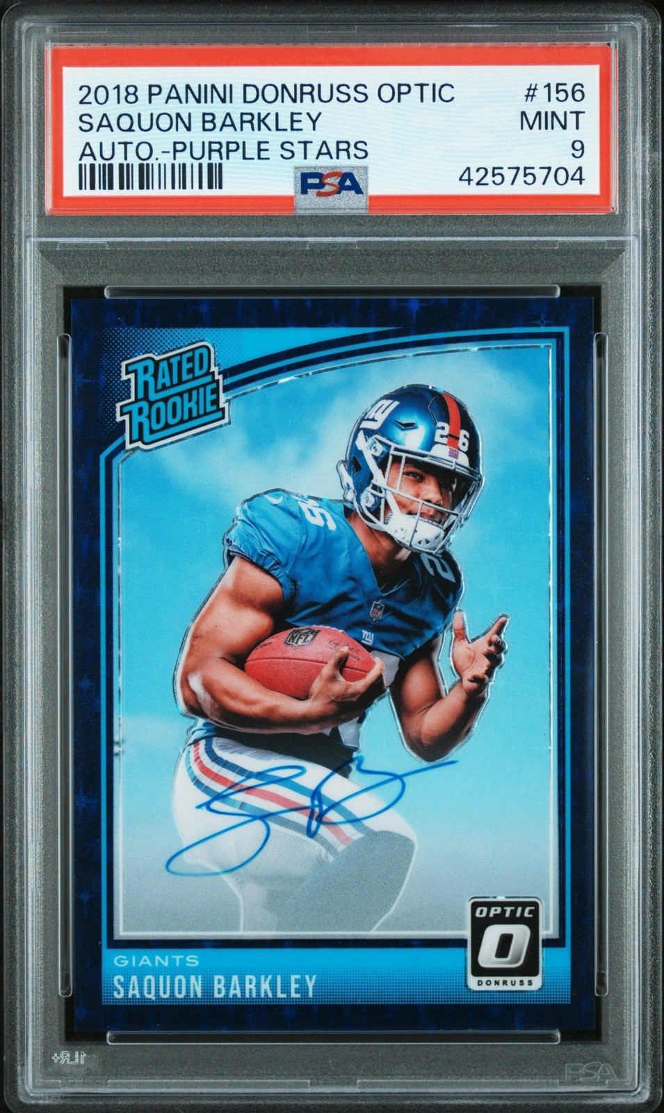2018 PANINI OPTIC SAQUON BARKLEY #156 PURPLE STARS ROOKIE AUTO /50 PSA 9 EAGLES