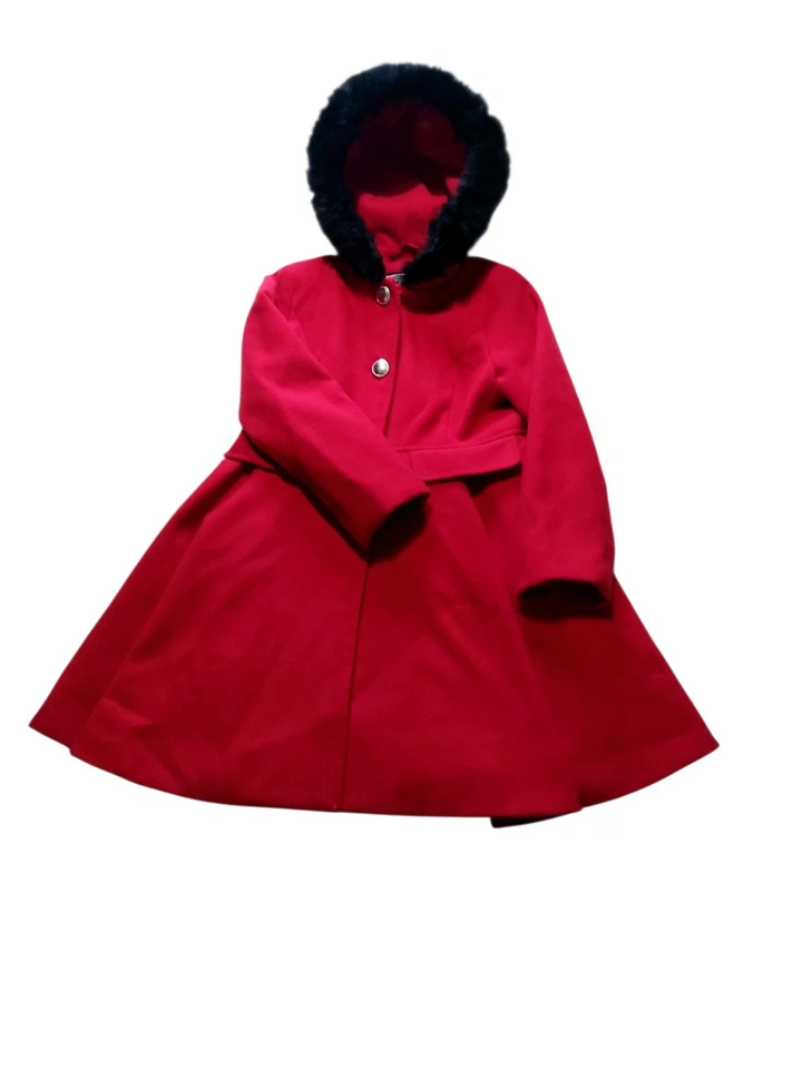 Capa de lana roja con capucha de piel negra Rothschild para niña talla 6x Foto 2 de 4