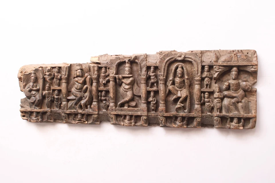 Painel de parede de madeira estátua de Krishna antiga real decoração hindu escultura em templo - Imagem 4 de 4