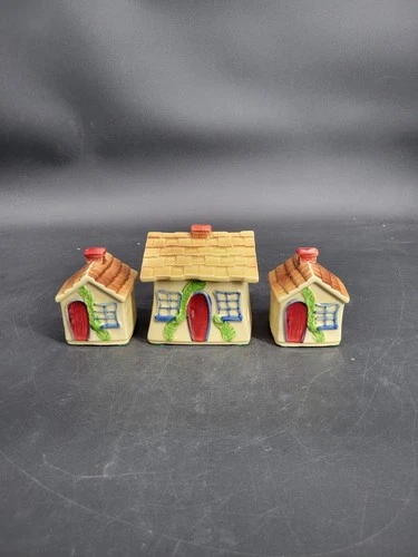 VTG Shawnee Pottery Cottage House Covered Sugar Bowl and Salt & Pepper Shakers