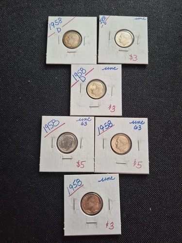 6 Uncirculated 1958 P&D Silver Roosevelt Dimes Set.
