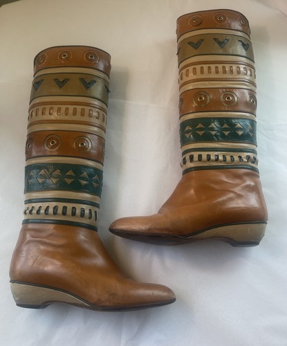 RARE VTG Ottorino Bossi Tan/Green Leather Boots Size 6 Euro 36 GVC - Picture 4 of 10